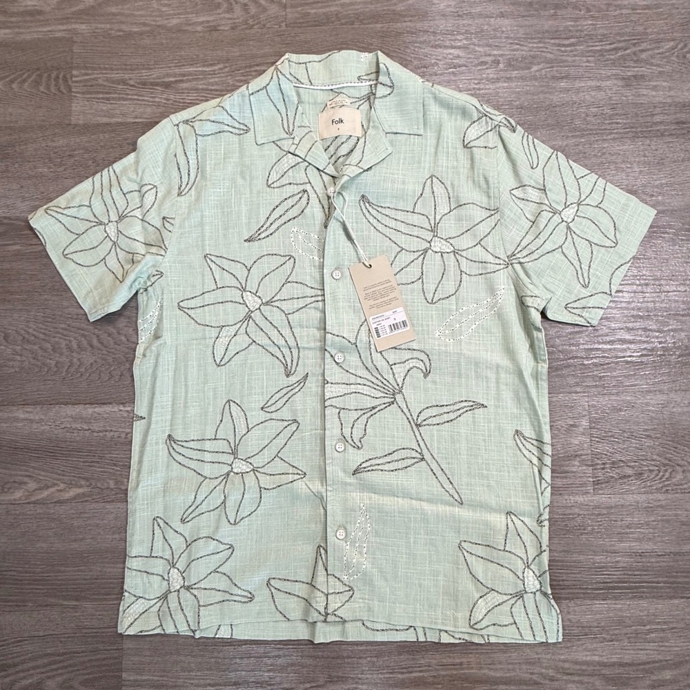 Folk Lantern Shirt Mint Green Floral Short Sleeve Camp Collar Button Down New